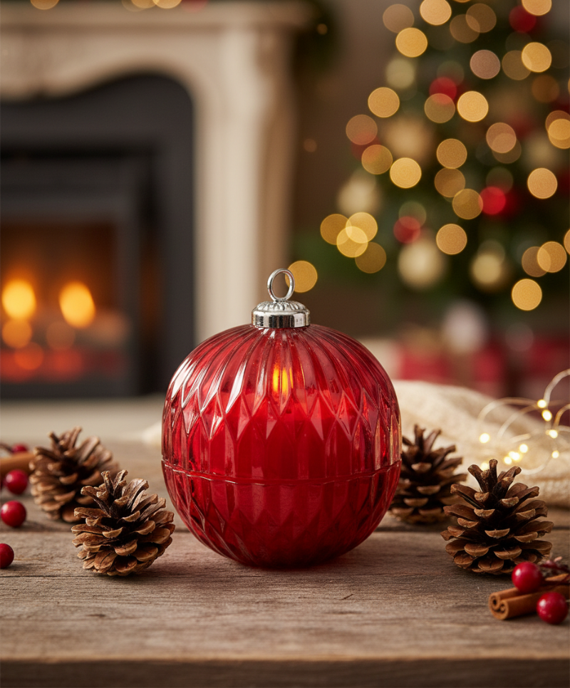 Red ornament candle with pinecone holiday background